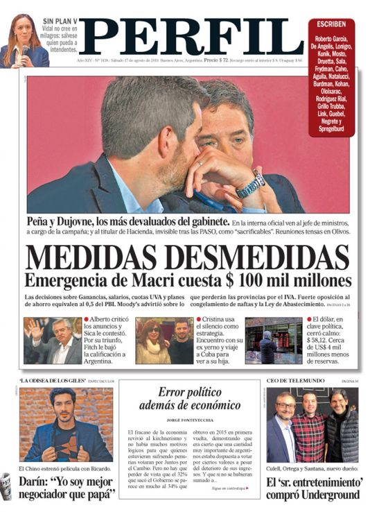 La tapa de diario PERFIL de este sábado 17 de agosto
