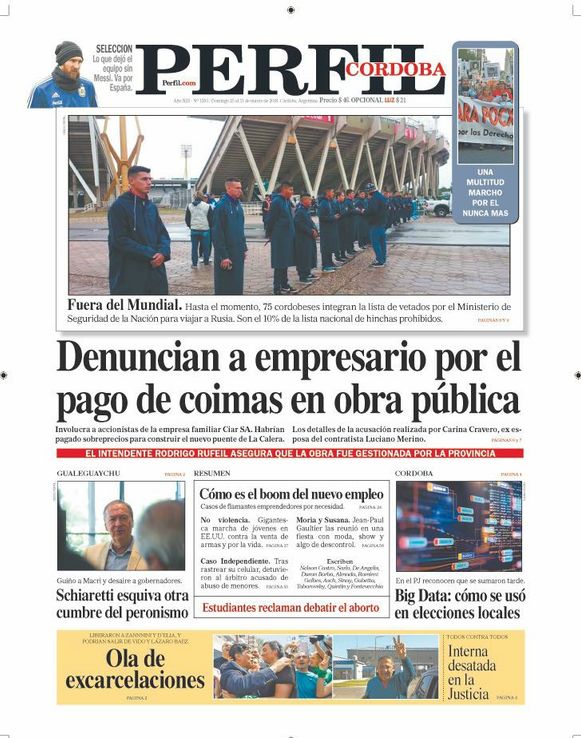 La tapa de PERFIL Córdoba del domingo 25 de marzo de 2018