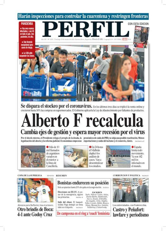 La tapa del Diario Perfil de este domingo 15 de marzo de 2020