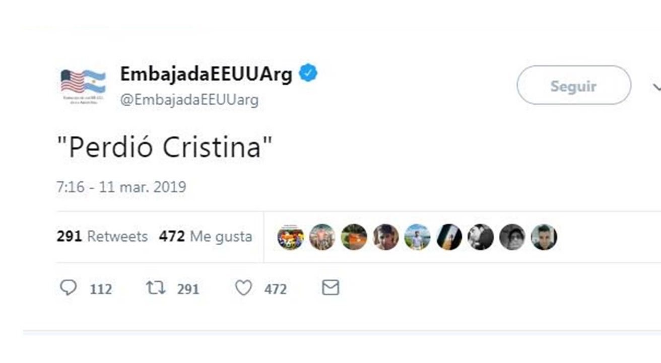 "Perdió Cristina": el tuit de la Embajada de Estados Unidos que generó polémica