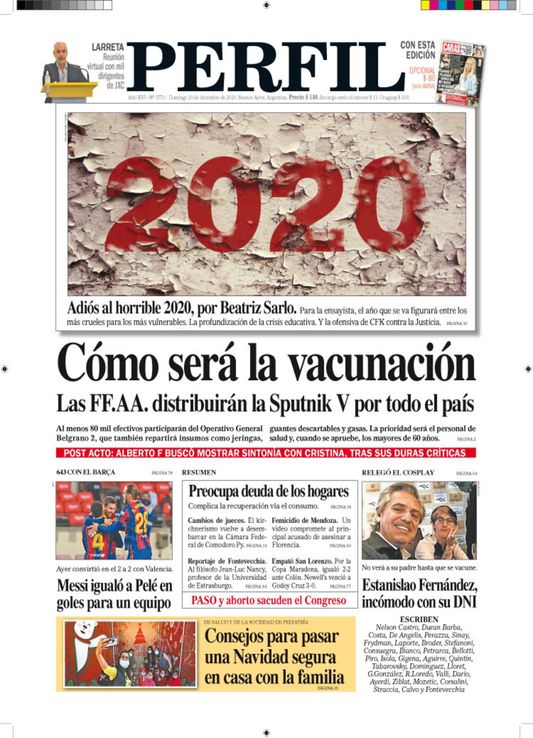 La tapa del Diario PERFIL de este domingo 20 de diciembre de 2020