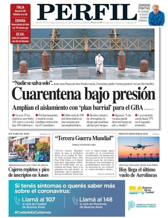 La tapa del Diario Perfil de este sábado 28 de marzo de 2020