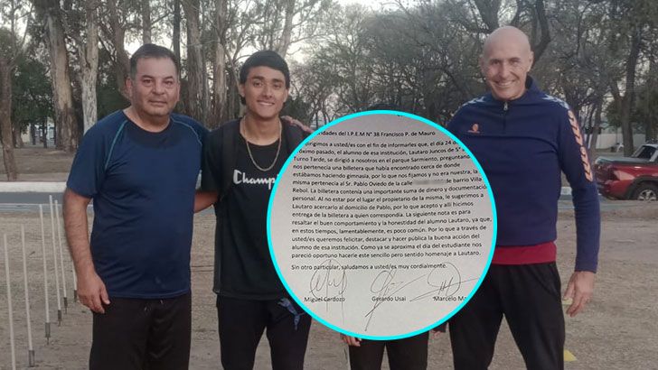 Un estudiante cordobés devolvió una billetera y una emotiva carta llegó a su escuela