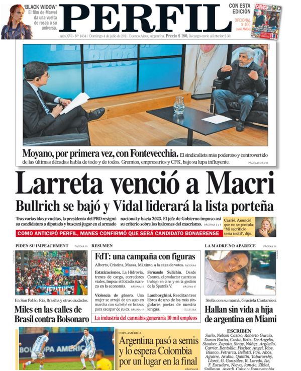 La tapa del Diario PERFIL del domingo 4 de julio de 2021