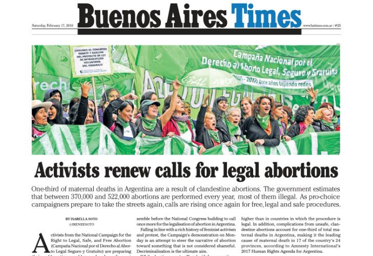 Este sábado en Buenos Aires Times: la lucha para despenalizar el aborto en Argentina