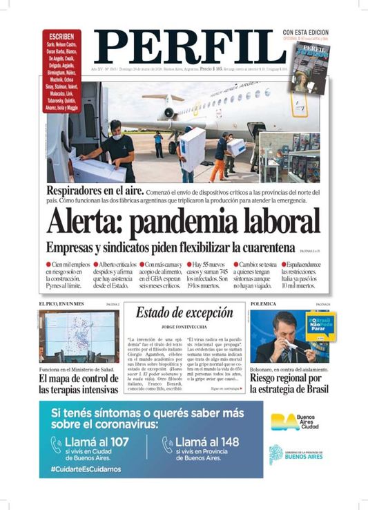 La tapa del Diario Perfil de este domingo 29 de marzo de 2020