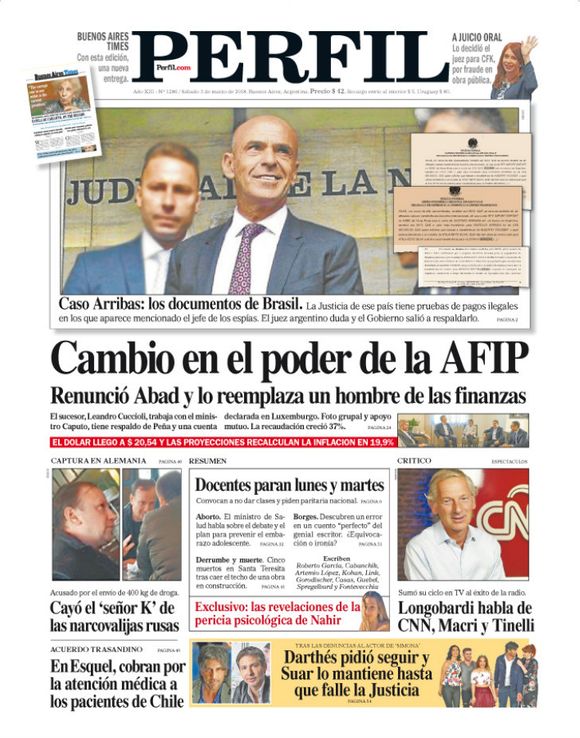 La tapa de Diario PERFIL de este sábado