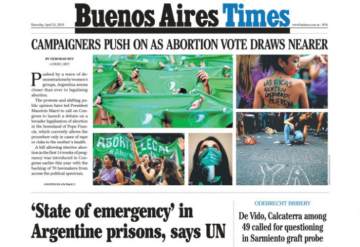 La tapa de Buenos Aires Times de este sábado