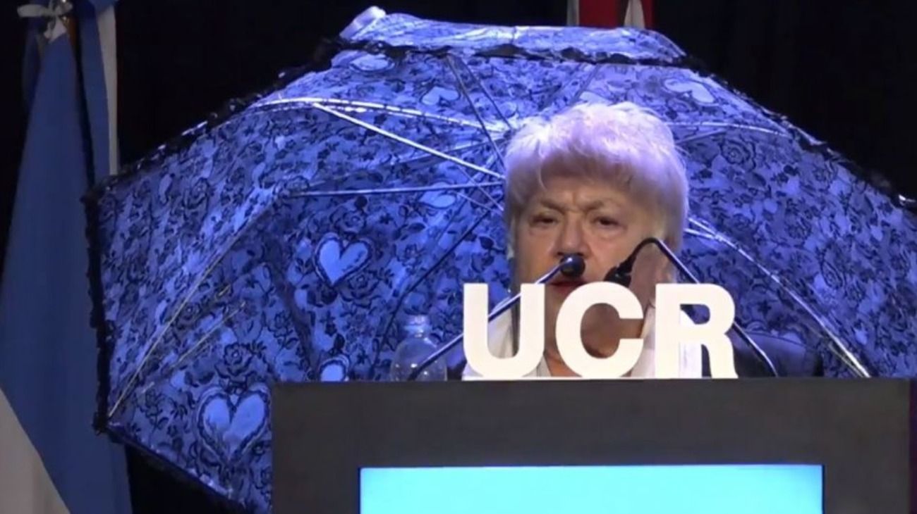 Una dirigente radical se cubrió con un paraguas "por la lluvia de inversiones"