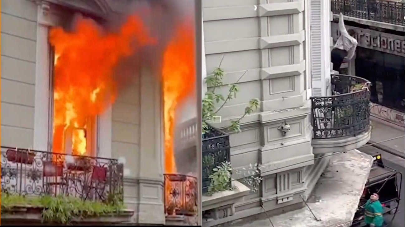 Dramático incendio en el Centro: una mujer se colgó de un cable para escapar de las llamas