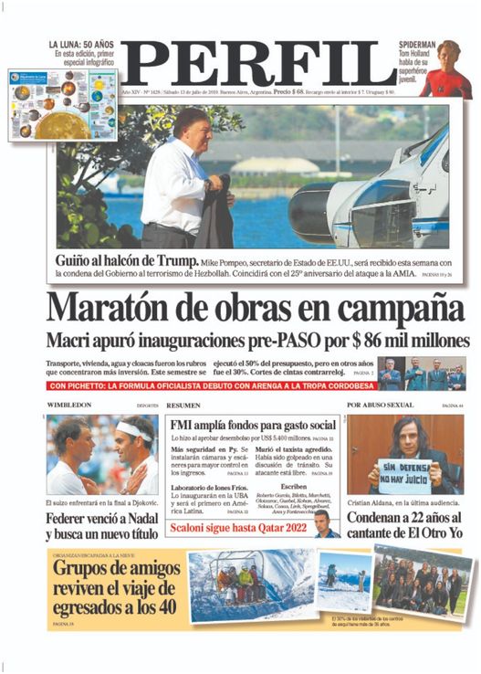 La tapa del Diario Perfil de este sábado 13 de julio de 2019