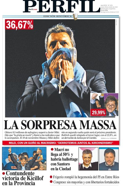 La tapa del Diario PERFIL de este lunes 23 de octubre de 2023