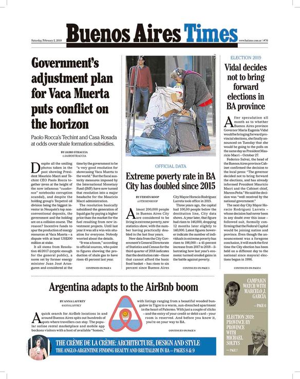 La tapa de Buenos Aires Times de este sábado