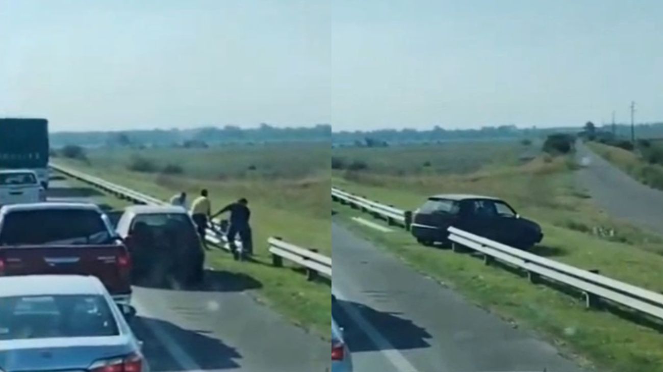 Corte en la ruta 9: cansados de esperar, sacaron un guardarraíl y "escaparon" por colectora
