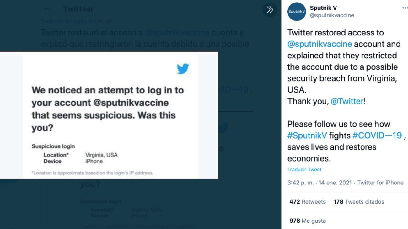 Twitter bloqueó la cuenta de la vacuna rusa Sputnik V por sospechas de hackeo