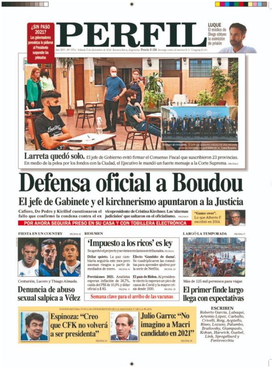 La tapa de Diario PERFIL de este sábado 5 de diciembre del 2020