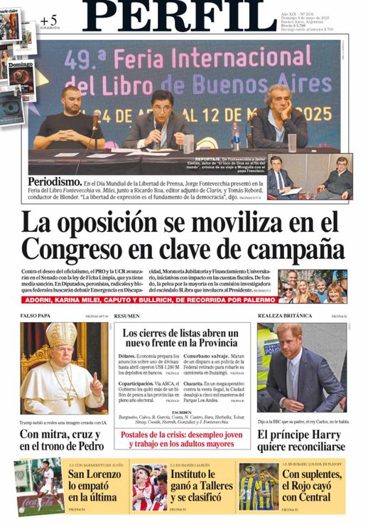 La tapa del Diario PERFIL del domingo 4 de mayo de 2025