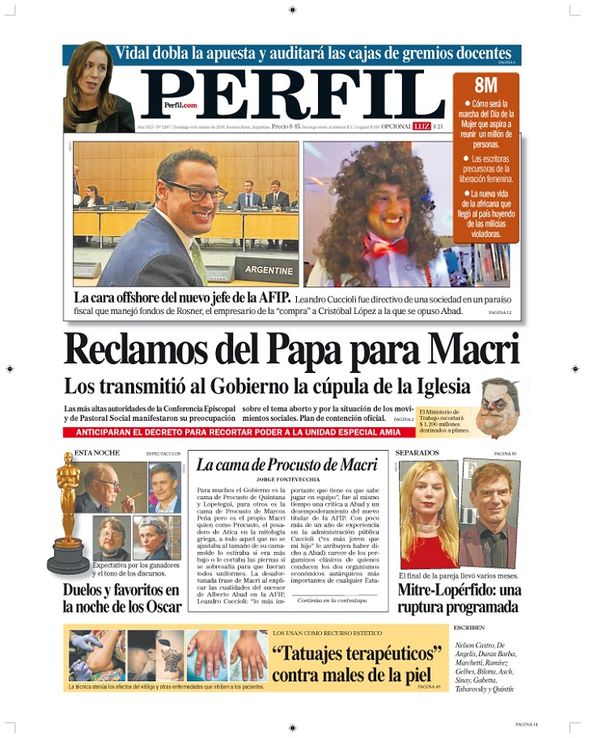 La tapa de Diario PERFIL de este domingo