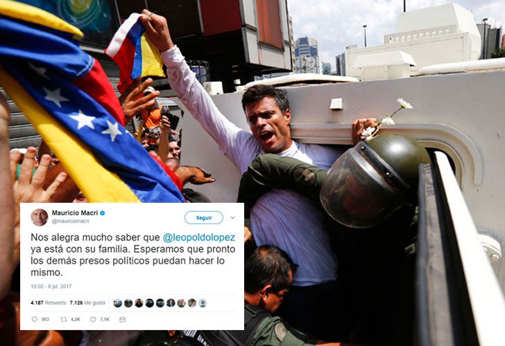 Por Twitter, Macri celebró la excarcelación de Leopoldo López