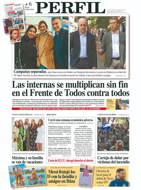 La tapa del Diario PERFIL de este sábado 25 de junio de 2022