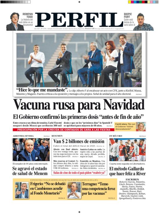 La tapa de Diario PERFIL de este sábado 19 de diciembre de 2020