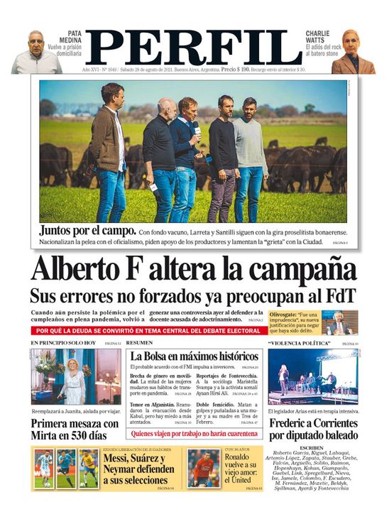 La tapa del Diario PERFIL de este sábado 28 de agosto de 2021