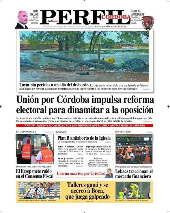 La tapa de Perfil Córdoba del domingo 18 de marzo de 2018