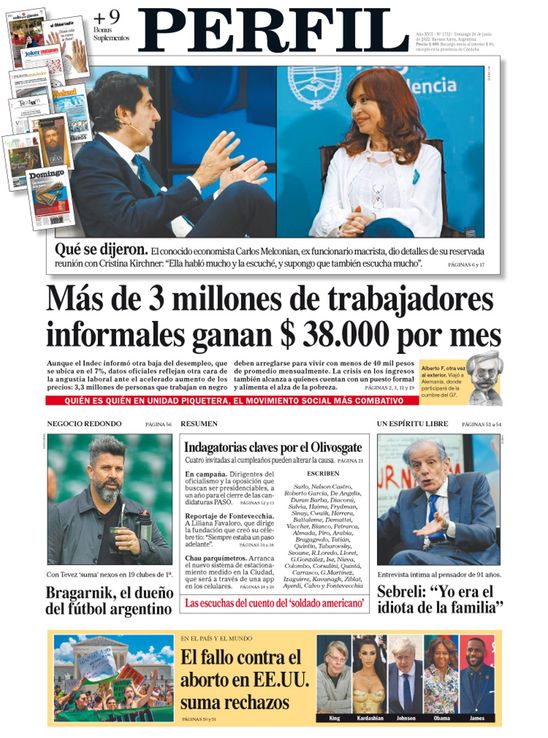La tapa del Diario PERFIL de este domingo 26 de junio de 2022