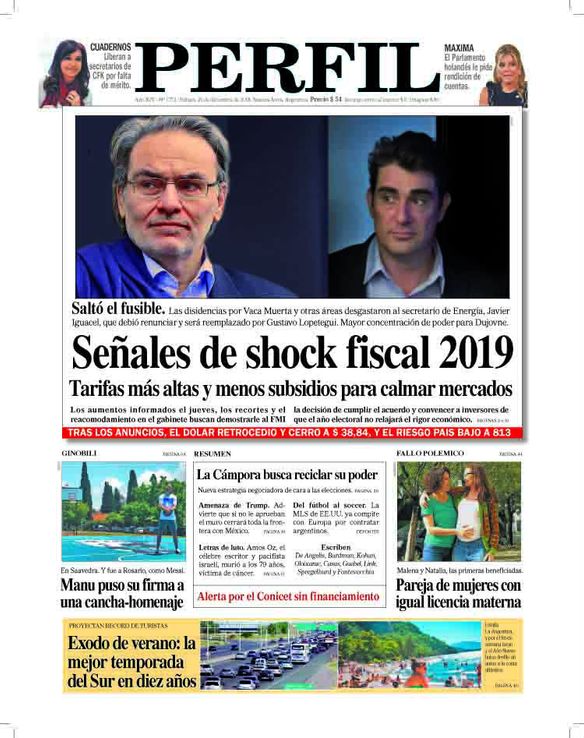 La tapa del DIARIO PERFIL de este sábado