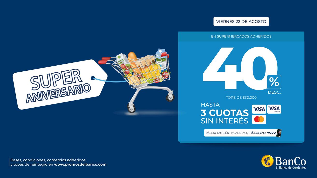 El Banco de Corrientes celebra su aniversario con un descuento de 40% y 3 cuotas sin interés en supermercados
