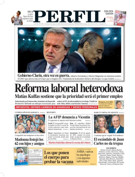 La tapa de Diario PERFIL de este domingo 23 de agosto de 2020