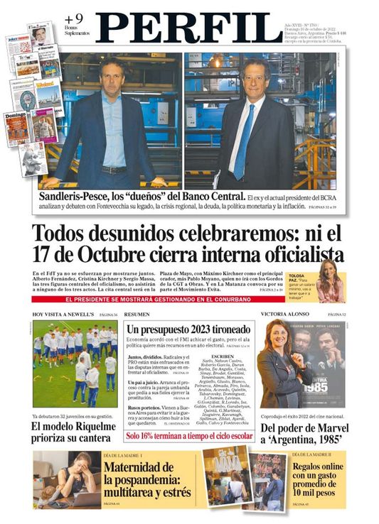 La tapa del Diario PERFIL de este domingo 16 de octubre de 2022