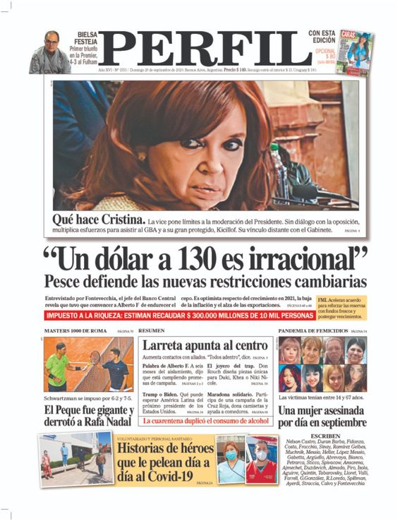 La tapa de Diario PERFIL de este domingo 20 de septiembre de 2020
