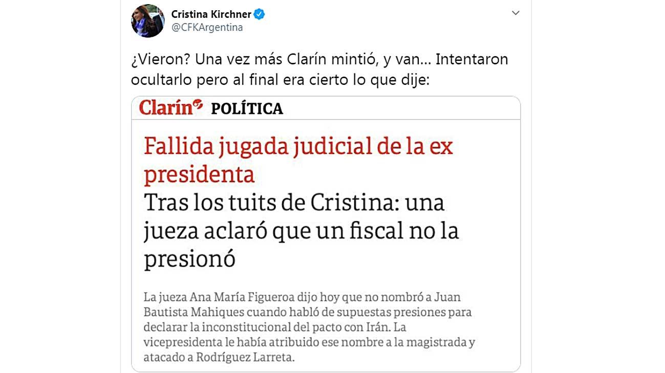 CFK cargó contra Clarín por "mentir" sobre Mahiques
