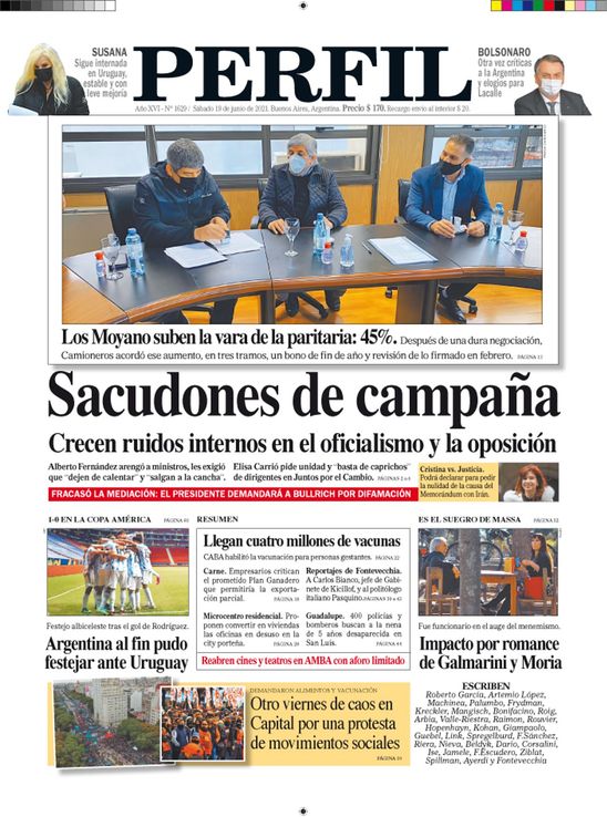 La tapa del Diario PERFIL de este sábado 19 de junio de 2021