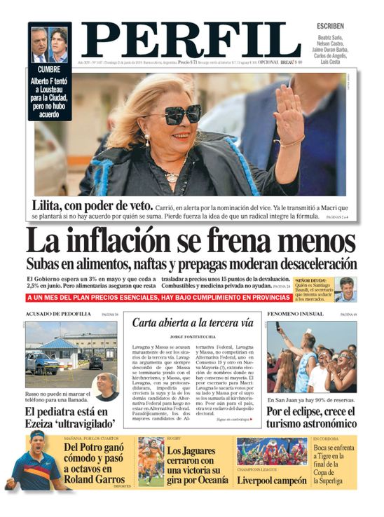 La tapa del Diario Perfil de este domingo 2° de junio de 2019