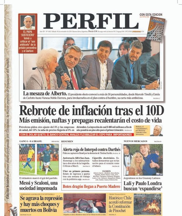 La tapa de diario PERFIL de este sábado 16 de noviembre