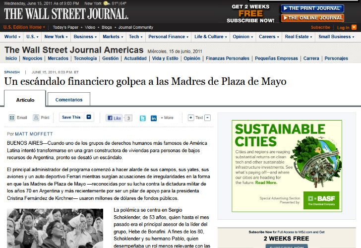 El escándalo Schoklender llegó a "The Wall Street Journal"